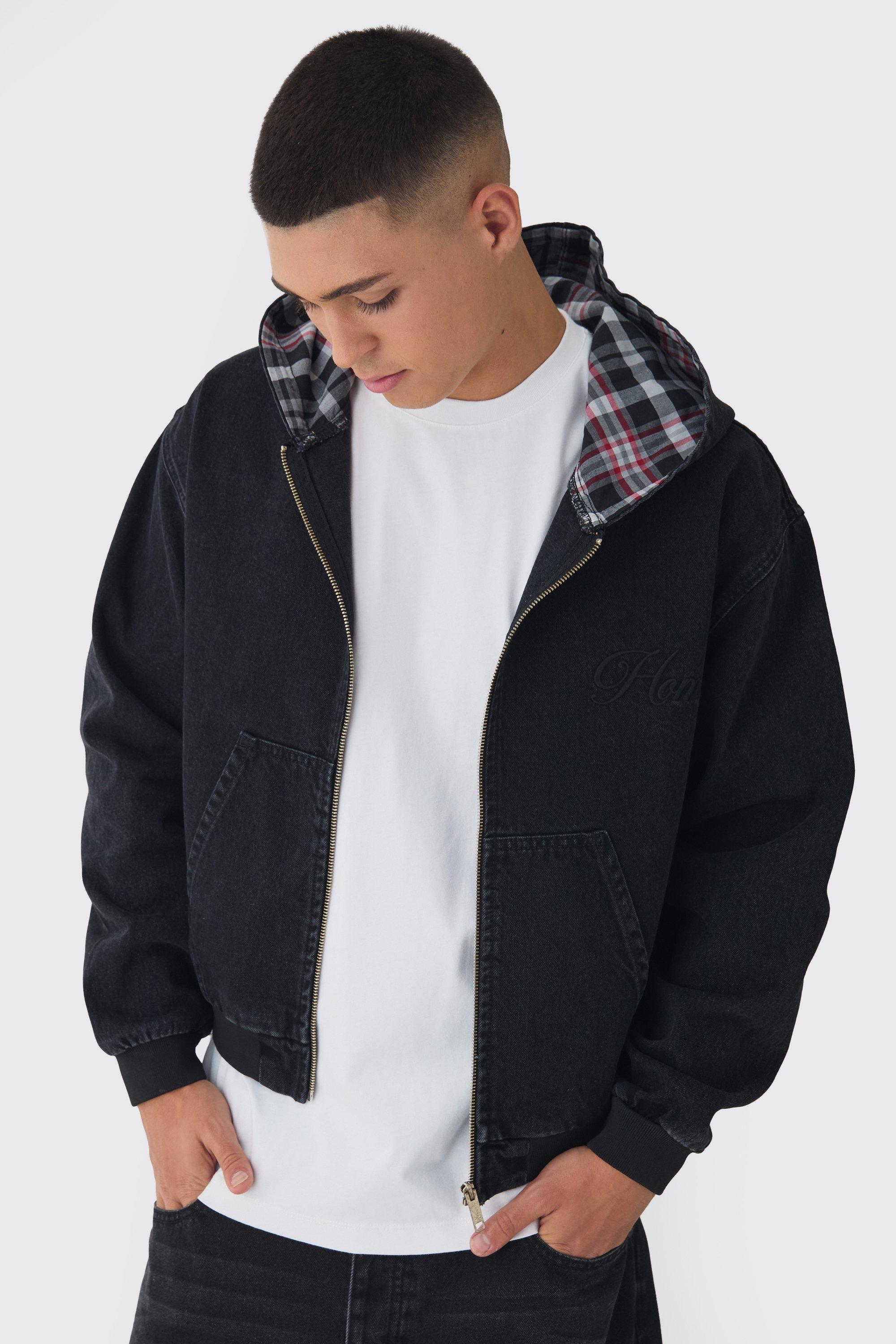 Oversized Boxy Denim Embroidered Hoodie boohooMAN UK